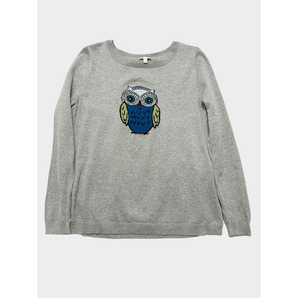 Talbots Womens Gray Cotton Owl Intarsia Knit Lightweight Sweater Size L